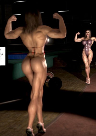 muscular woman flexing in the mirror
