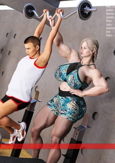 huge musclegirl lifting guy by a halter