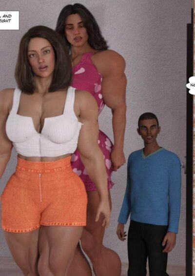 two female bodybuilders enter the room with tiny boyfriend