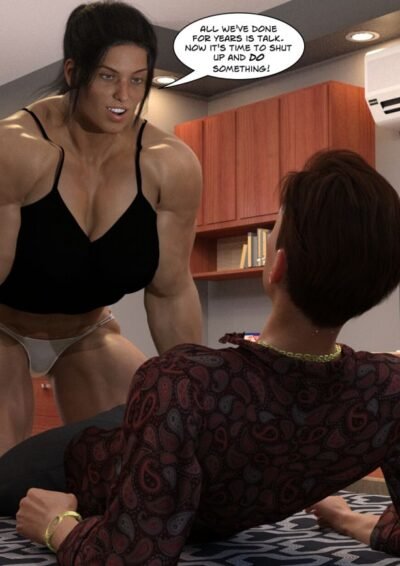 big female bodybuilder standing over small man