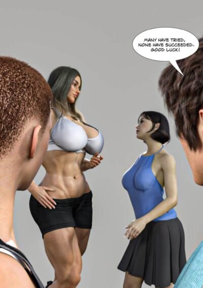 two men staring at female bodybuilder