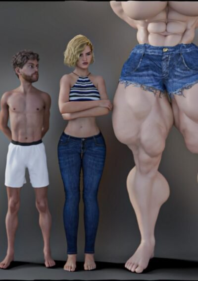 two normal people next to a muscular giantess