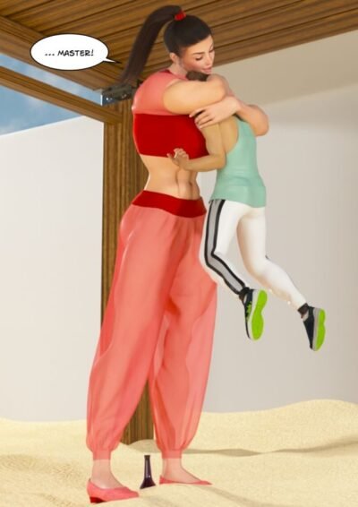 tall muscular woman hugs man