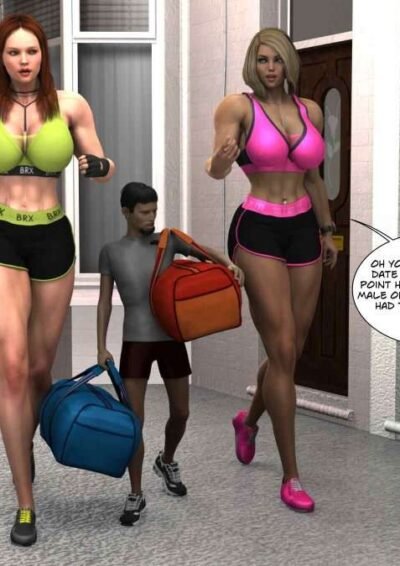 very small man and two tall girls walking