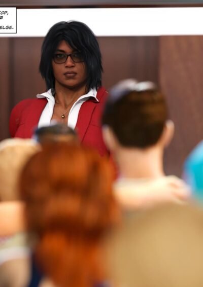 woman towering over other people