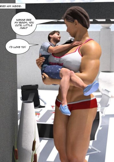 big female bodybuilder lifting short guy