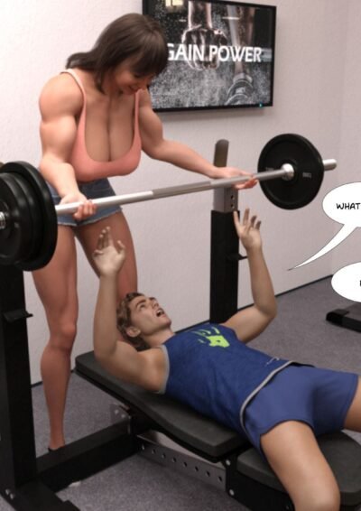 female bodybuilder helping guy in the gym