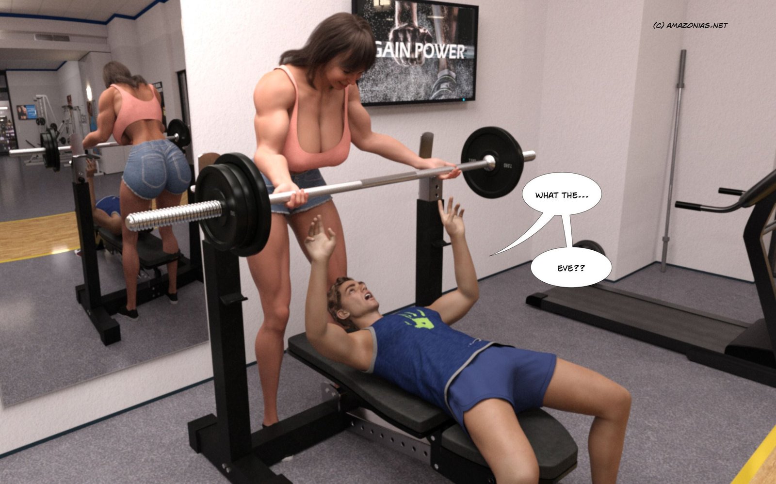 female bodybuilder helping guy in the gym