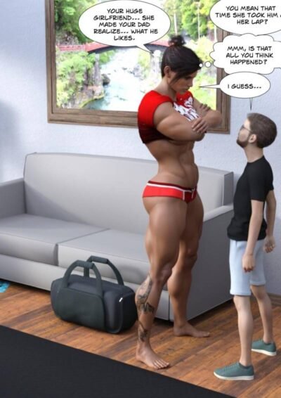 big musclegirl towering over small guy