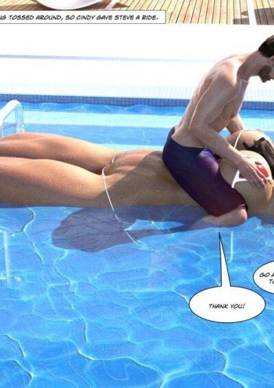 tiny man sitting on big girl in pool