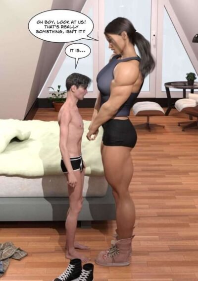 huge musclegirl towers over small man