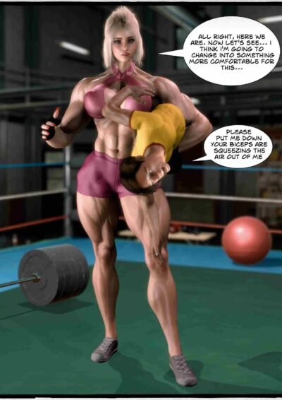 female bodybuilder immobilizing a small guy