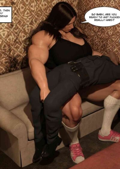 muscular woman with man over her lap
