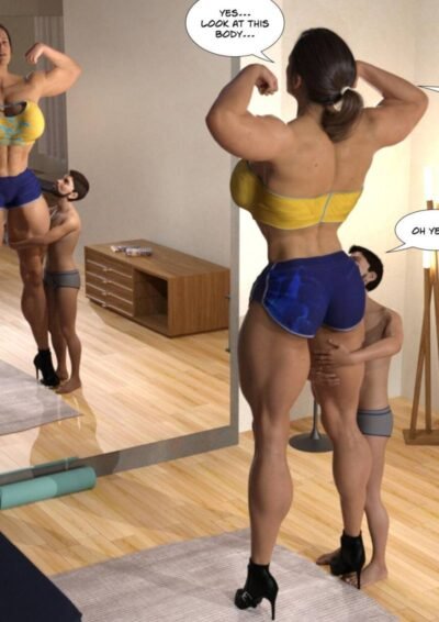 fmale bodybuilder flexing with tiny man