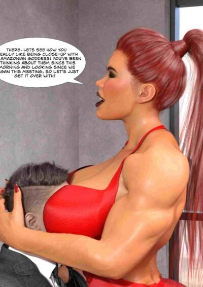 huge and tall female bodybuilder squeezing man