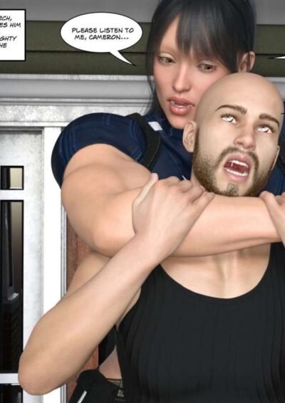 female bodybuilder takes man in headlock