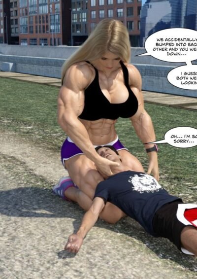 big female bodybuilder caring for small man