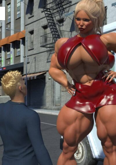 blonde muscular woman towering over man