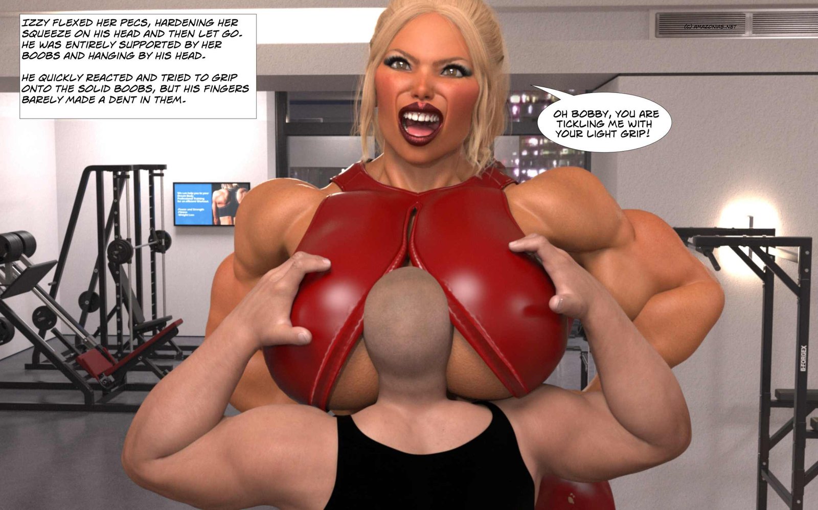 his head is strapped between her boobs