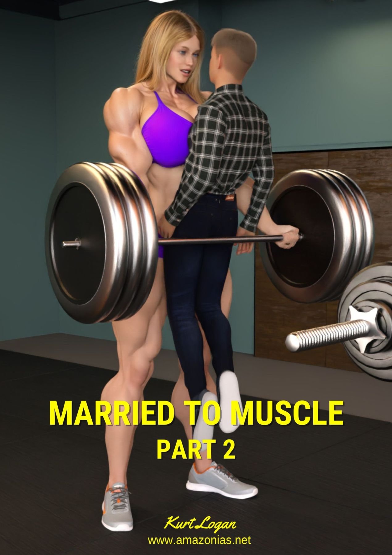 huge female bodybuilder lifts man with barbell