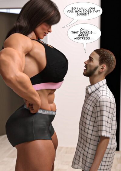 huge musclegirl in front of small man
