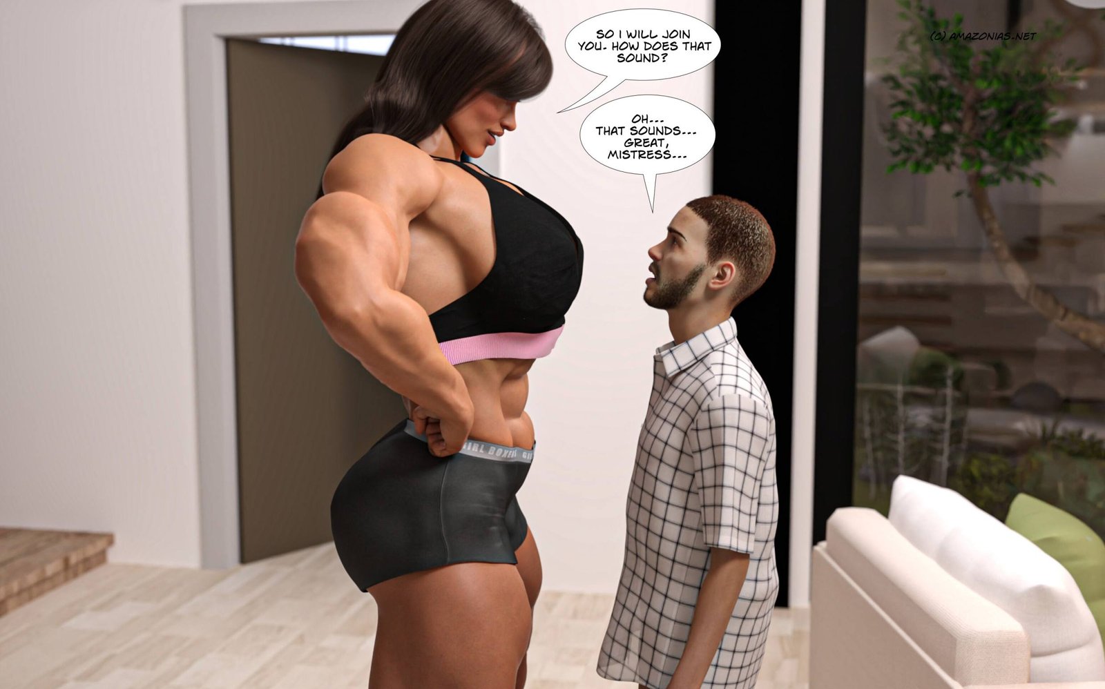 huge musclegirl in front of small man