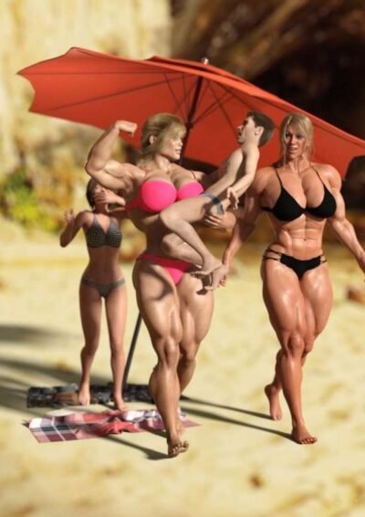 female bodybuilder carrying small guy