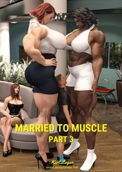 two female bodybuilders towering over small man