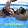 tiny man sitting on big girl in pool